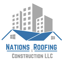 Logo for Nations Roofing & Construction LLC in light gray and blue features both commercial type buildings and houses.